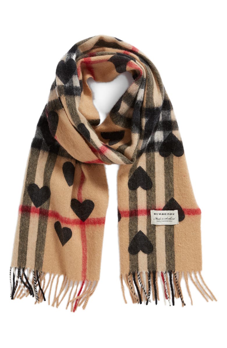 Burberry Heart & Giant Check Fringed Cashmere Scarf, Alternate, color, 