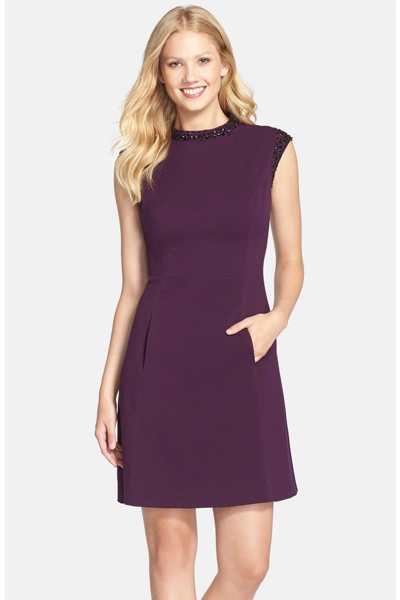 Embellished Crepe Fit & Flare Dress, Main, color, AUBERGINE