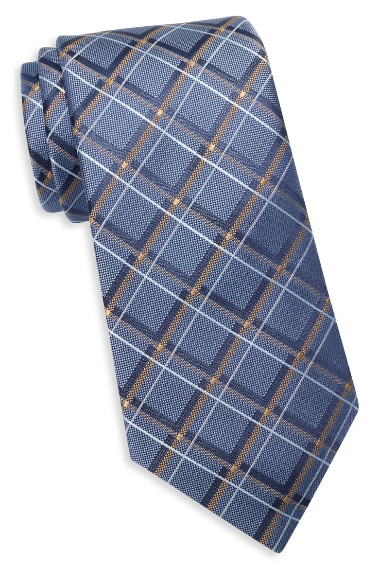 Sabine Grid Print Tie, Main, color, BLUE
