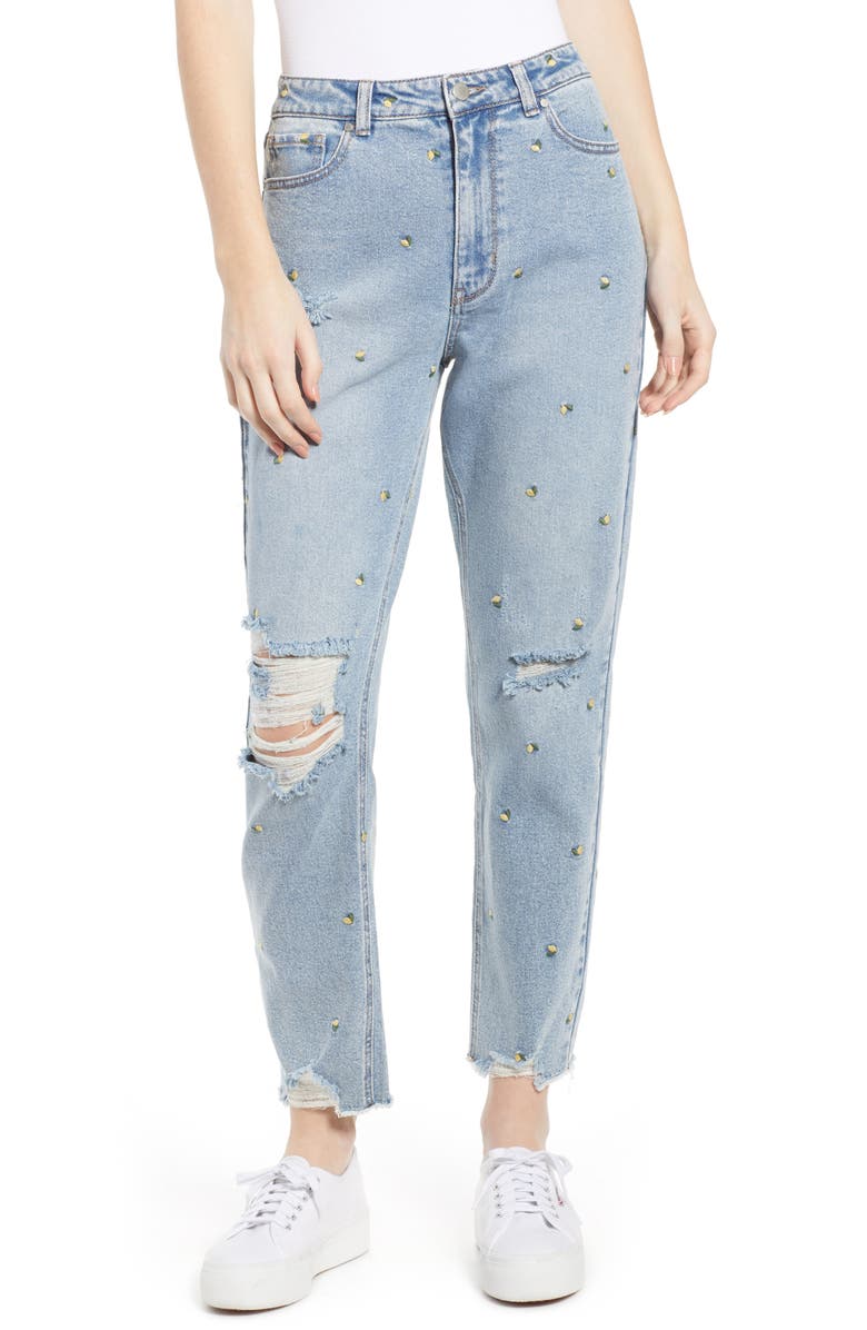 Tinsel Embroidered Ripped Mom Jeans, Main, color, 