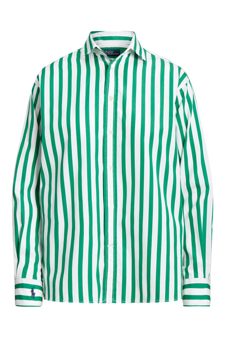 Stripe Cotton Button-Up Shirt, Alternate, color, GREEN/ WHITE STRIPE