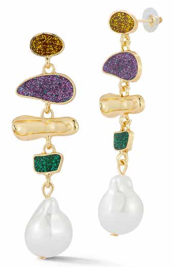 Faux Pearl Glitter Station Drop Earrings