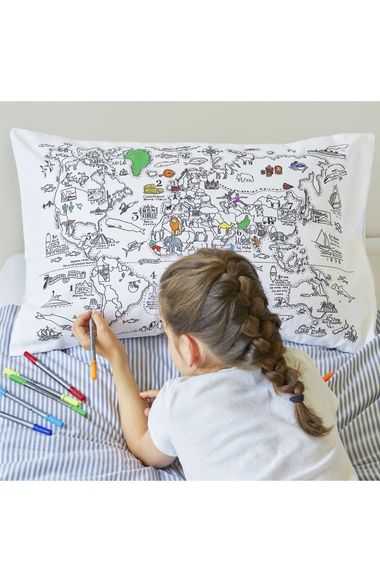 Eat Sleep Doodle Color Your Own Pillowcase World Map, Alternate, color, White