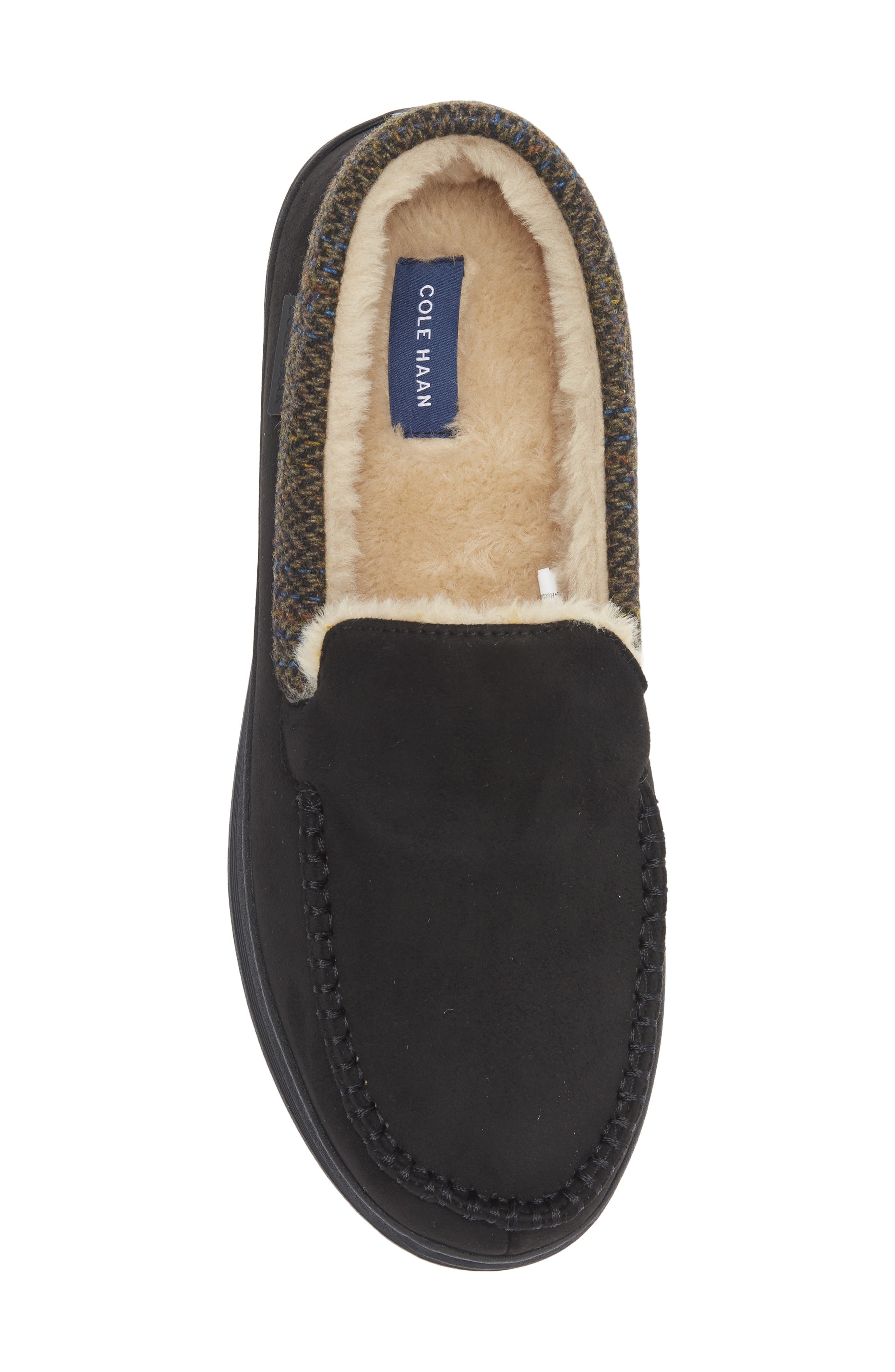 Cole Haan Plaid Trim Faux Fur Lined Microsuede Slipper, Alternate, color, Caviar