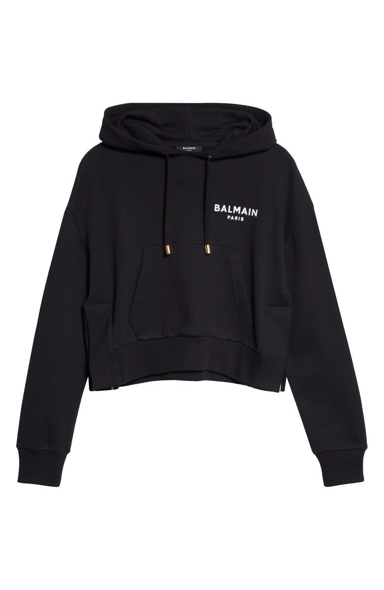Balmain Flocked Logo Crop Hoodie, Alternate, color, 