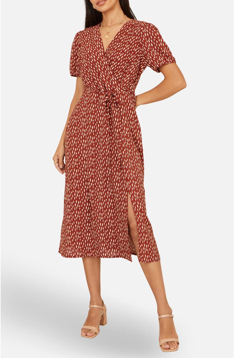Yumi Spot Wrap Midi Dress, Alternate, color, Brown