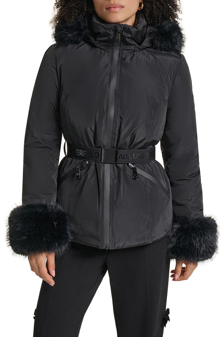 Faux Fur Trim Hooded Puffer Jacket, Main, color, BLACK