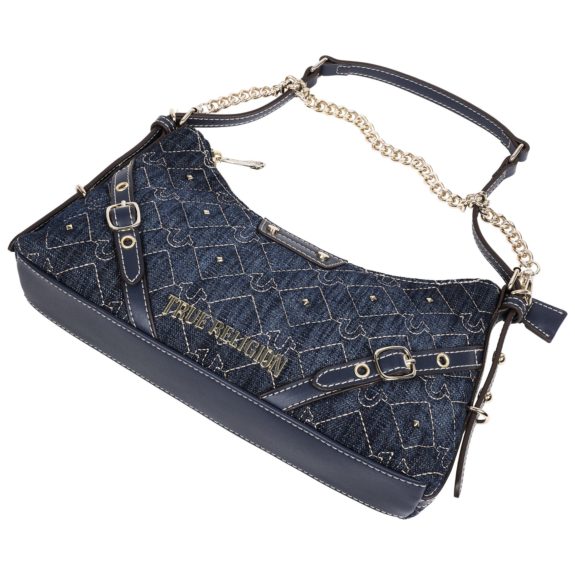 True Religion Studded Denim Chain Shoulder Bag, Alternate, color, Dark Denim