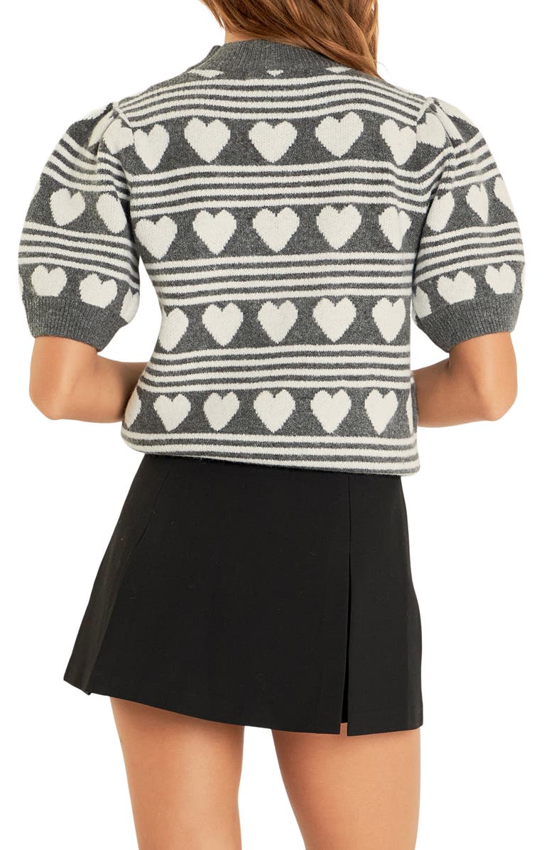 English Factory Heart Stripe Puff Sleeve Sweater, Alternate, color, Charcoal/ White