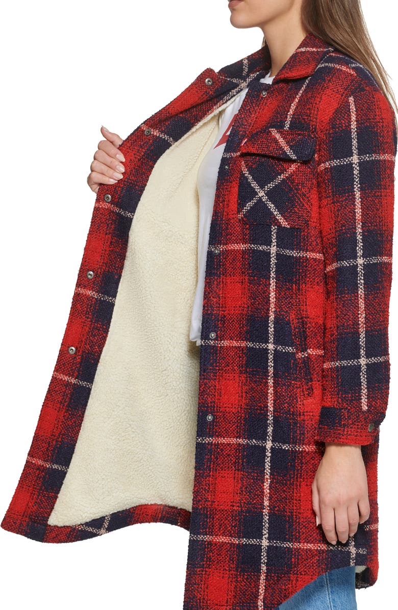 Levi's Plaid Faux Shearling Lined Long Shirt Jacket, Alternate, color, Red Navy Shadow Plaid
