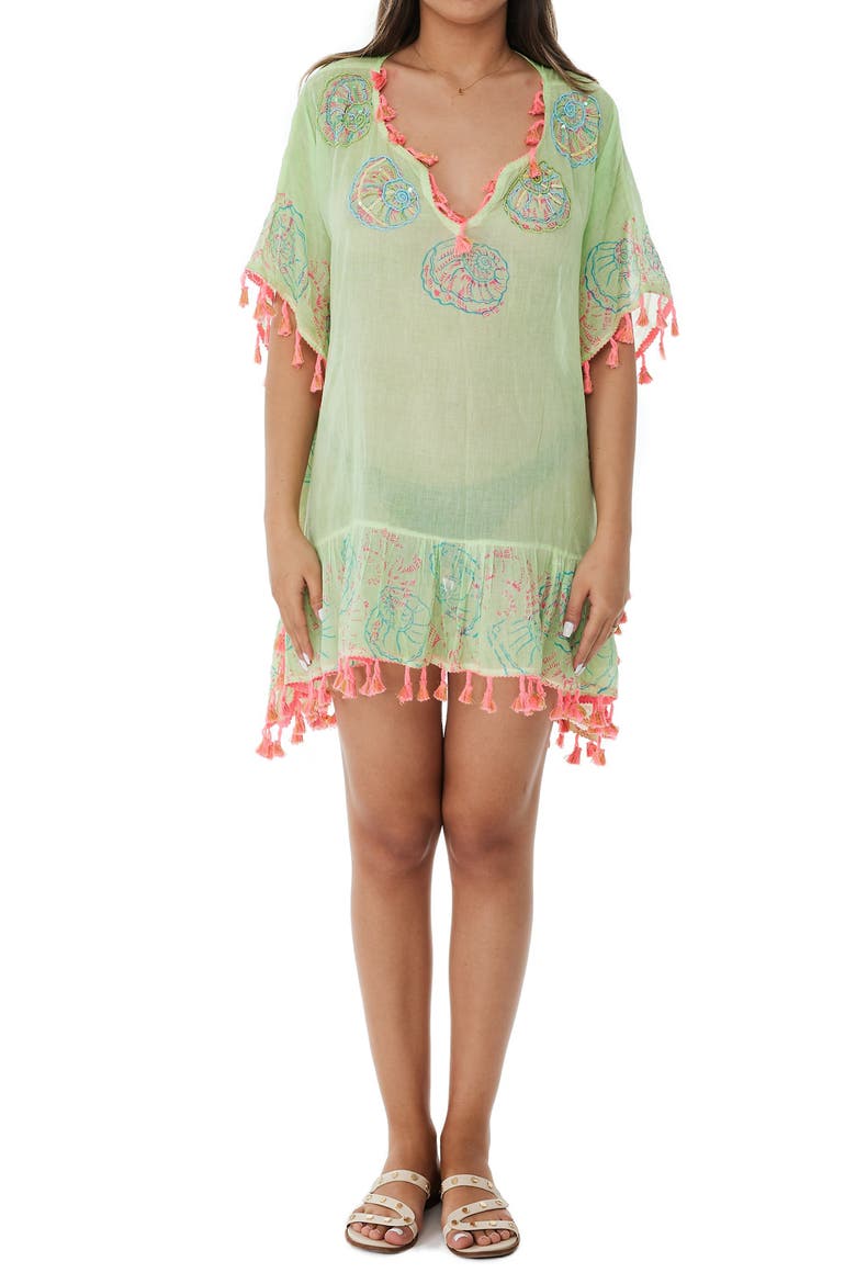 Embroidered Cotton Short Poncho, Main, color, GREEN