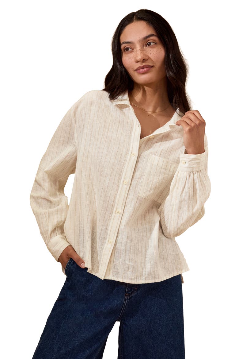 Draped Boxy Collared Shirt, Alternate, color, Ecru Pinstripe