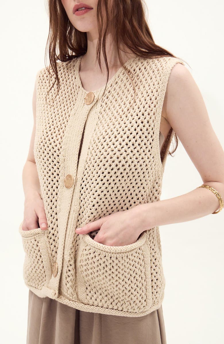 DELUC Anafi Open Stitch Cotton Blend Sweater Vest, Main, color, Ecru