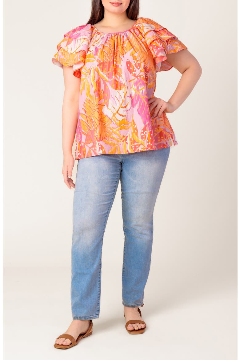 Tiered Flutter Sleeve Cotton Top, Alternate, color, PINK ORANGE