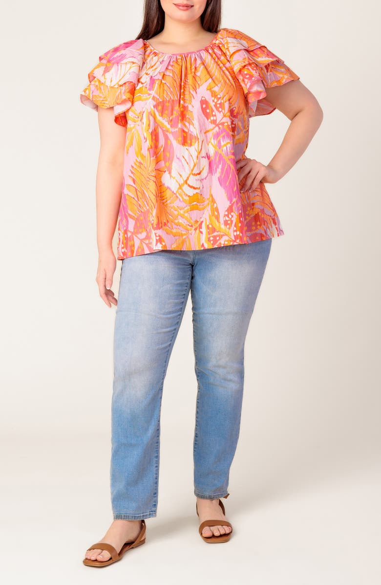 FLYING TOMATO Tiered Flutter Sleeve Cotton Top, Alternate, color, Pink Orange