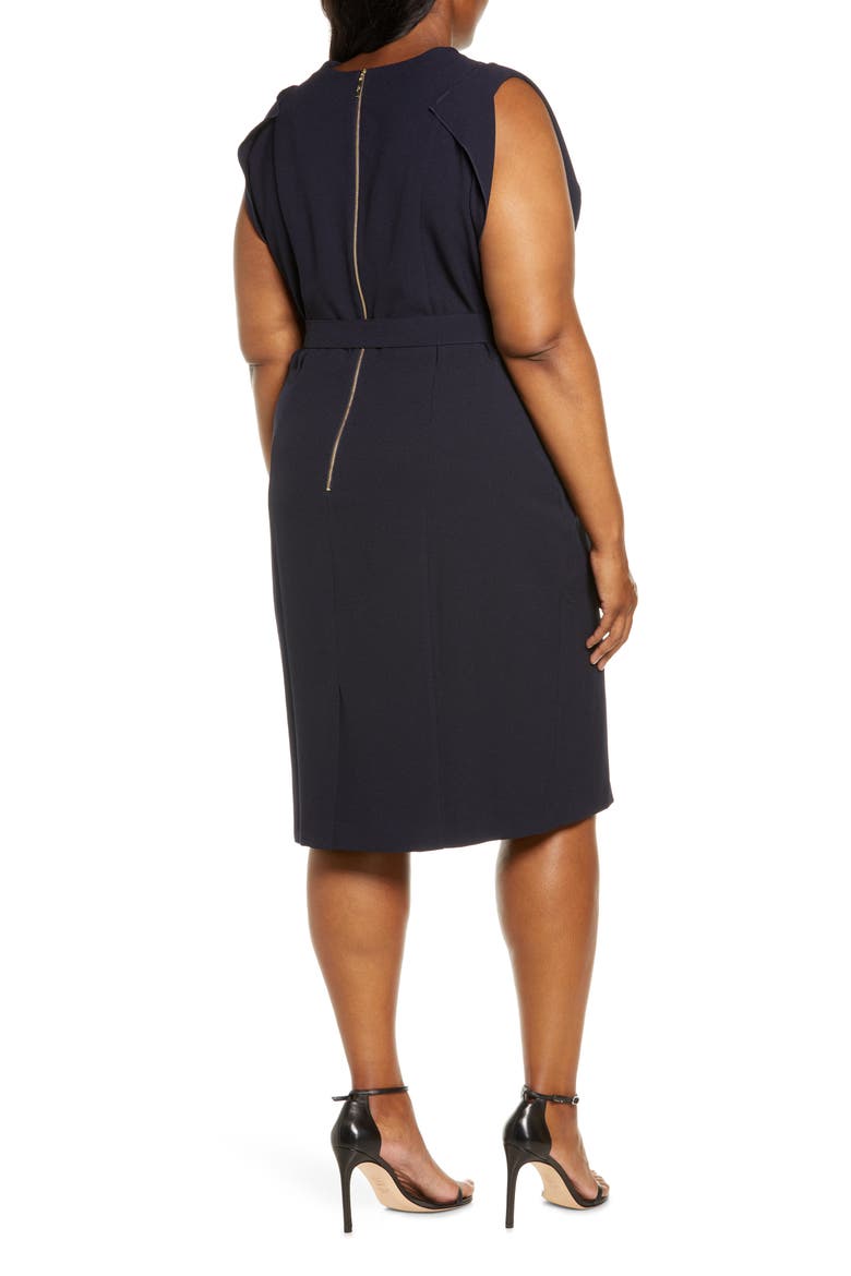 Flutter Sleeve Belted Crepe Sheath Dress, Alternate, color, NAVY