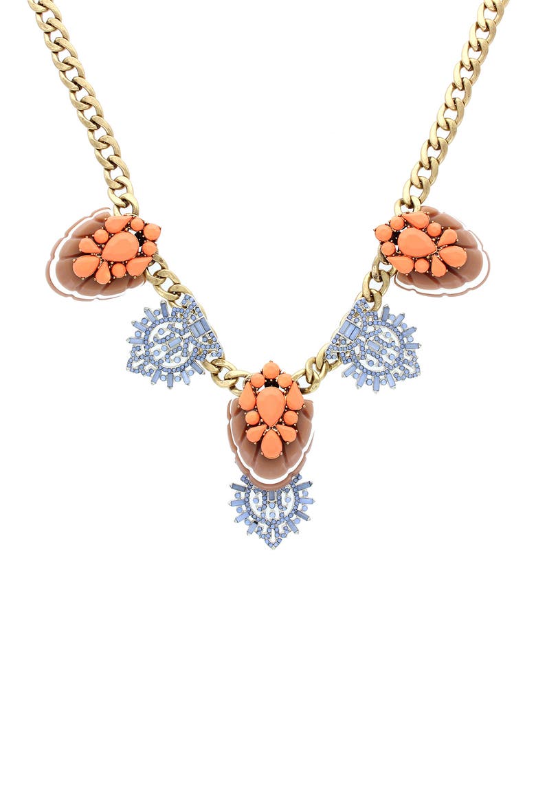 Zaria Deco Necklace, Main, color, BURNISHED GOLD / CORAL