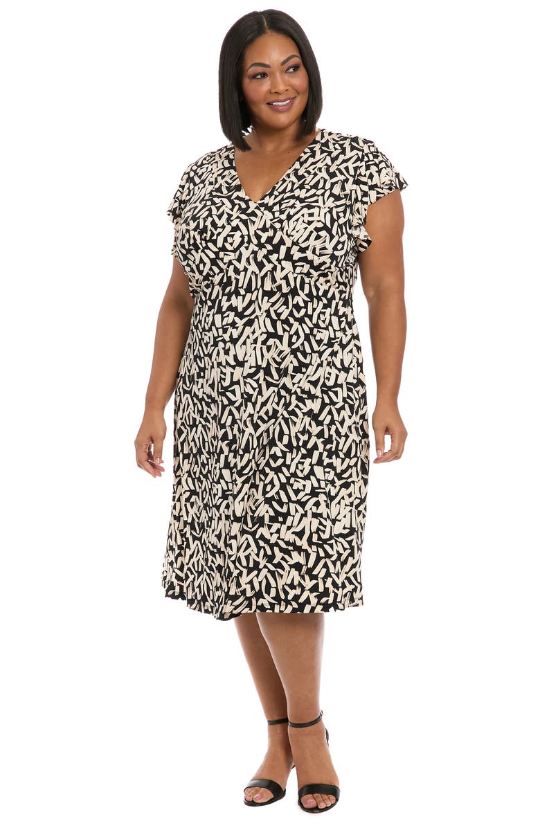 London Times Flutter Sleeve Faux Wrap Dress, Alternate, color, Black/ Cream