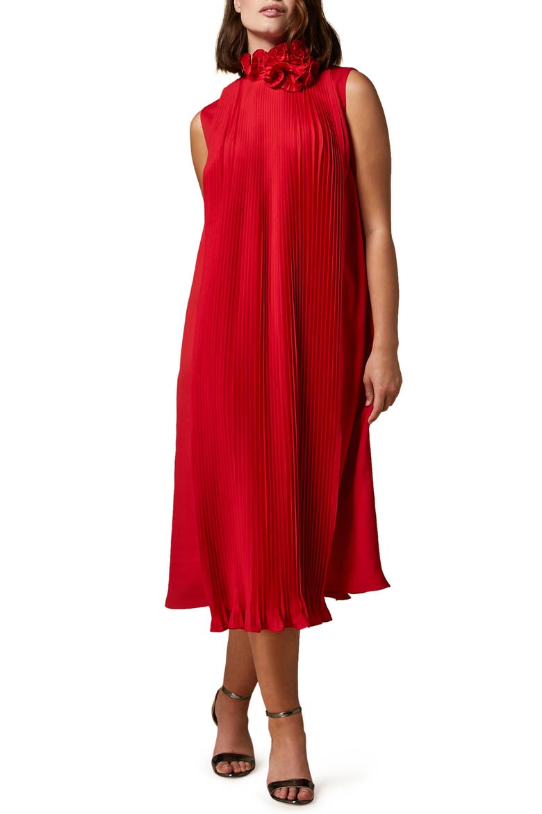 Pleated Sleeveless Ruffle Midi Dress, Main, color, RED