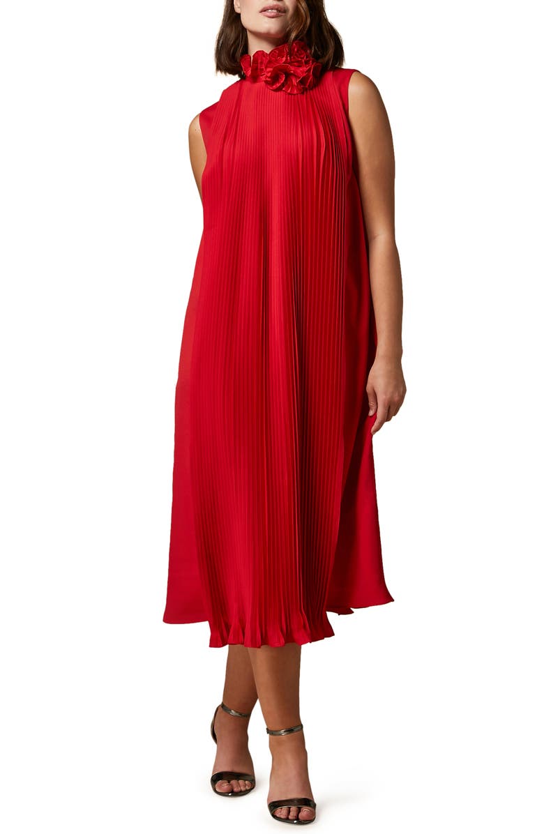 Marina Rinaldi Pleated Sleeveless Ruffle Midi Dress, Main, color,