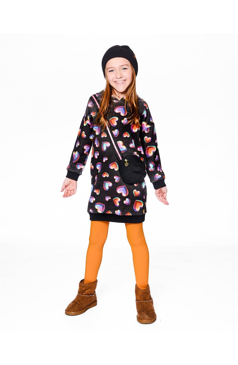 Deux par Deux Hooded Fleece Dress with Trompe-L’Œil Bag Detail, Alternate, color, Black And Multicolor