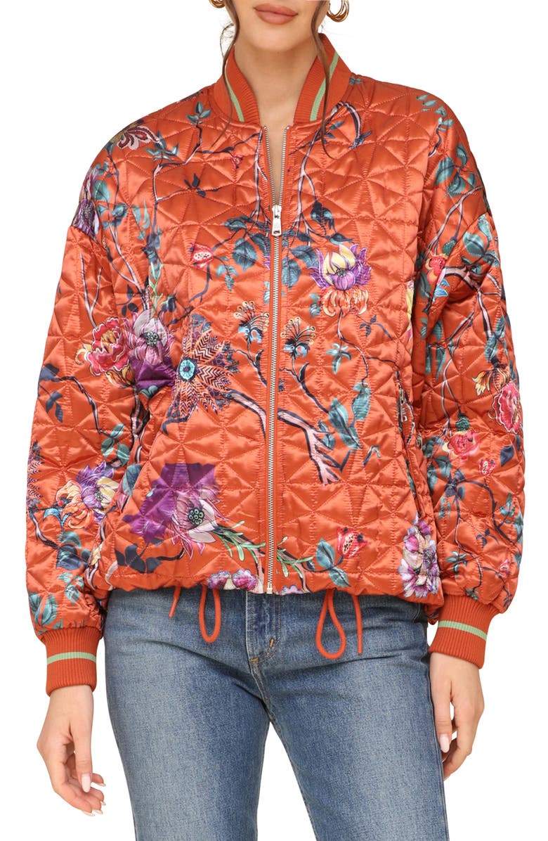 Avec Les Filles Floral Print Quilted Satin Bomber Jacket, Main, color,