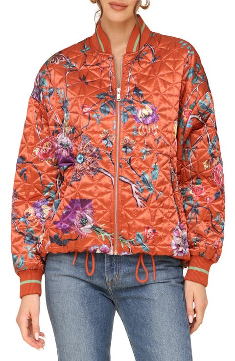 Floral Print Quilted Satin Bomber Jacket
