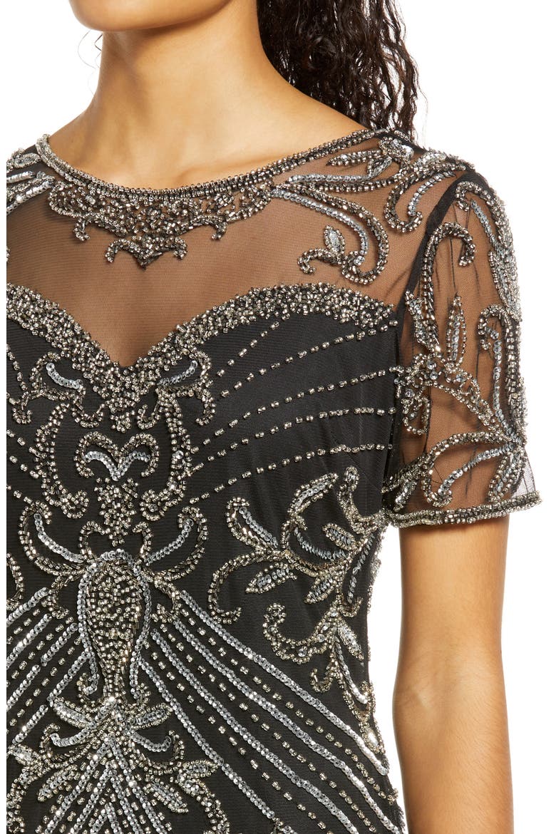 Illusion Beaded Mesh Column Gown, Alternate, color, BLACK