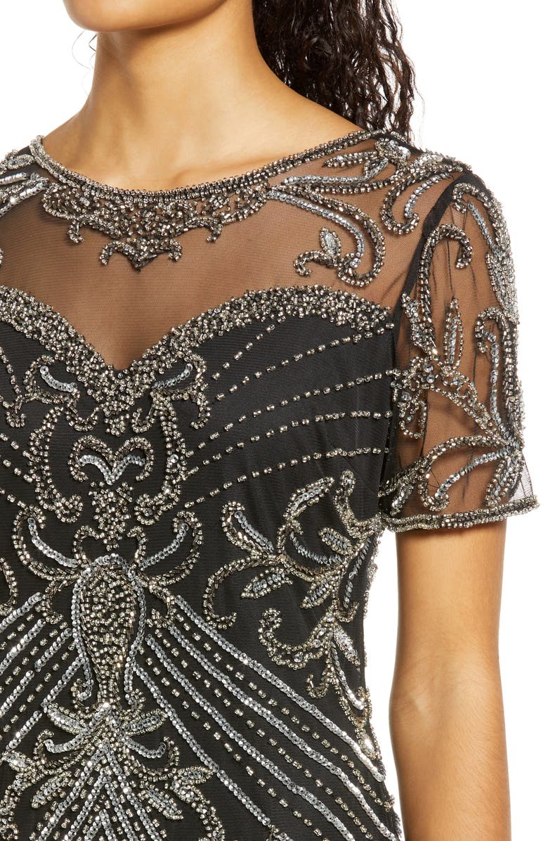 Pisarro Nights Illusion Beaded Mesh Column Gown, Alternate, color, Black