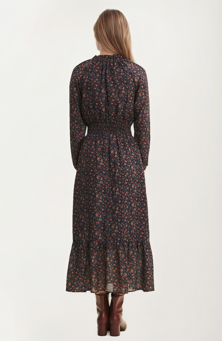 Knit and Lounge Long Sleeve Smocked Waist Floral Midi Dress, Alternate, color, Navy / Rust Floral