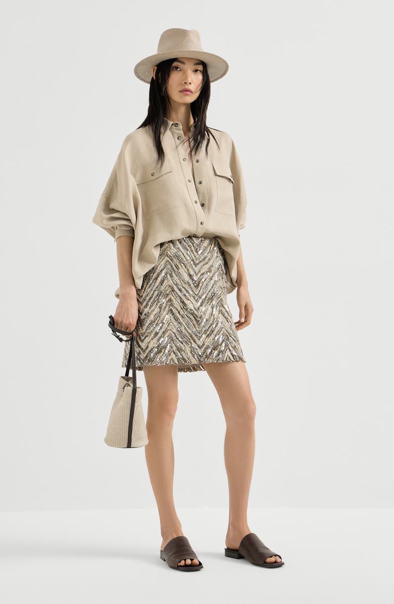 Brunello Cucinelli Dazzling chevron embroidery mini skirt, Alternate, color, Brown