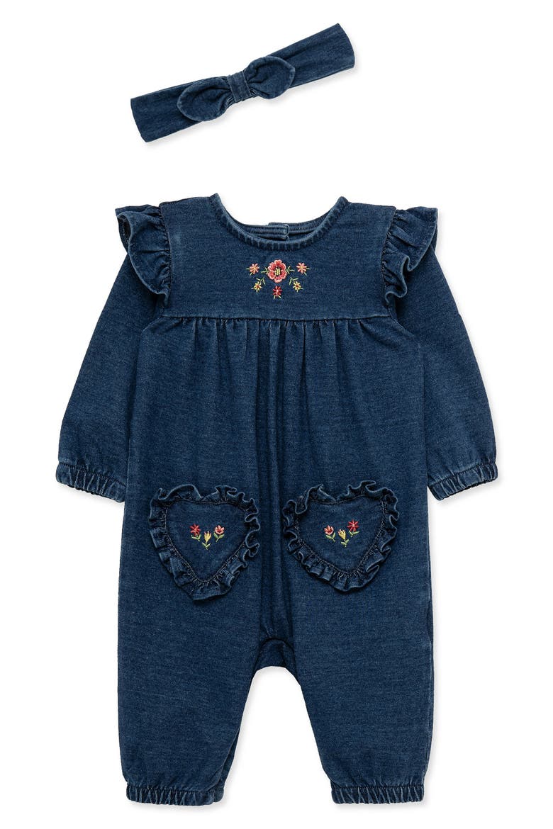 Kids' Blossom Embroidered Coverall and Headband Set, Main, color, DENIM