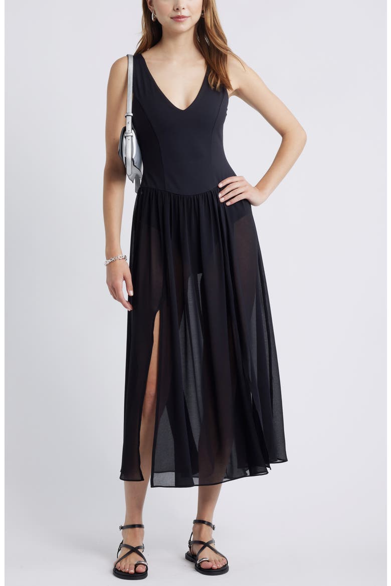 Mixed Media Side Slit Tank Dress, Alternate, color, BLACK