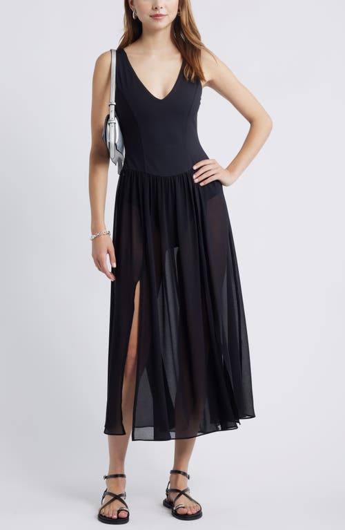 Open Edit Mixed Media Side Slit Tank Dress In Black