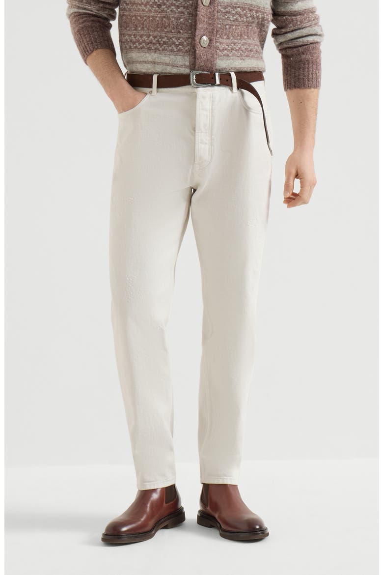 Garment-dyed denim iconic fit five-pocket trousers with rips, Main, color, White