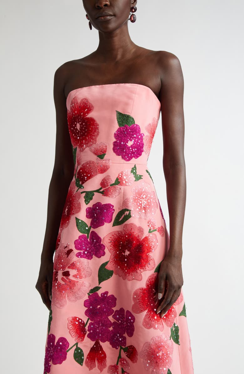 Carolina Herrera Floral Embroidered Strapless Silk Gown, Alternate, color, 
