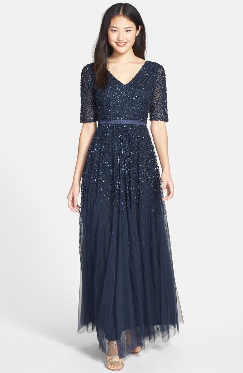 Adrianna Papell Beaded Mesh V-Neck Gown, Main, color,