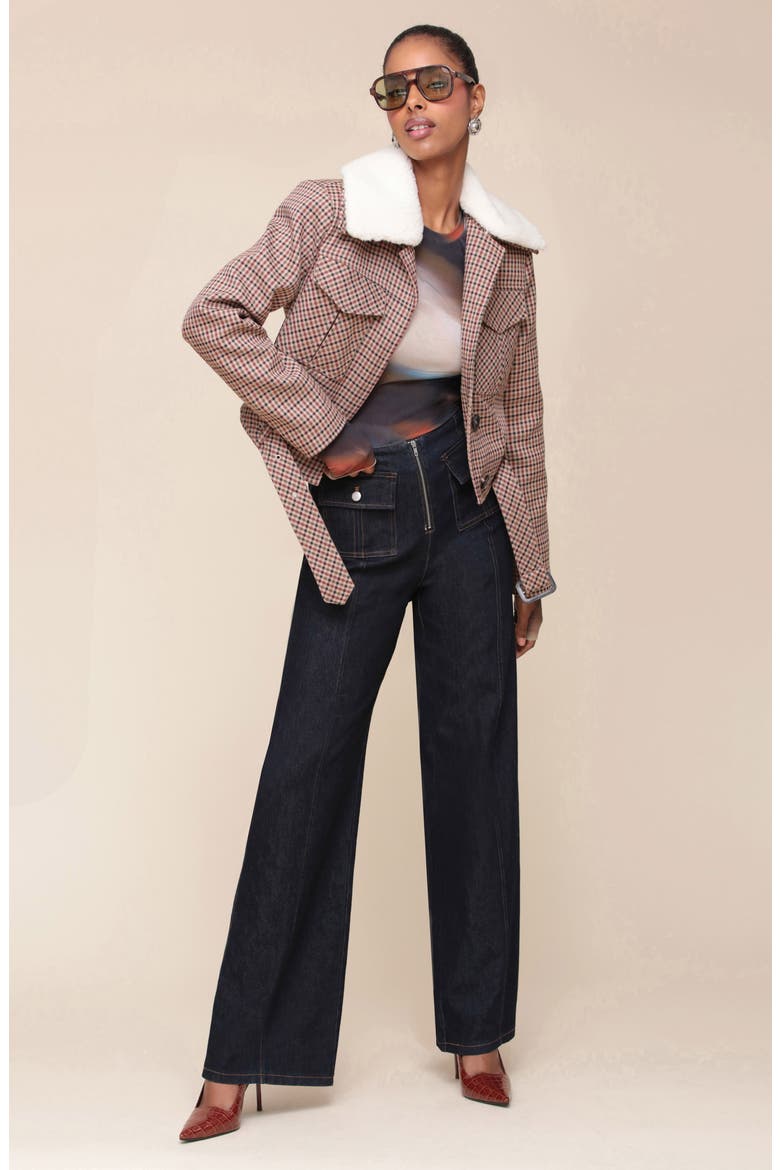 Padded Shoulder Belted Faux Shearling Collar Crop Jacket, Alternate, color, BROWN/ BURGUNDY PLAID