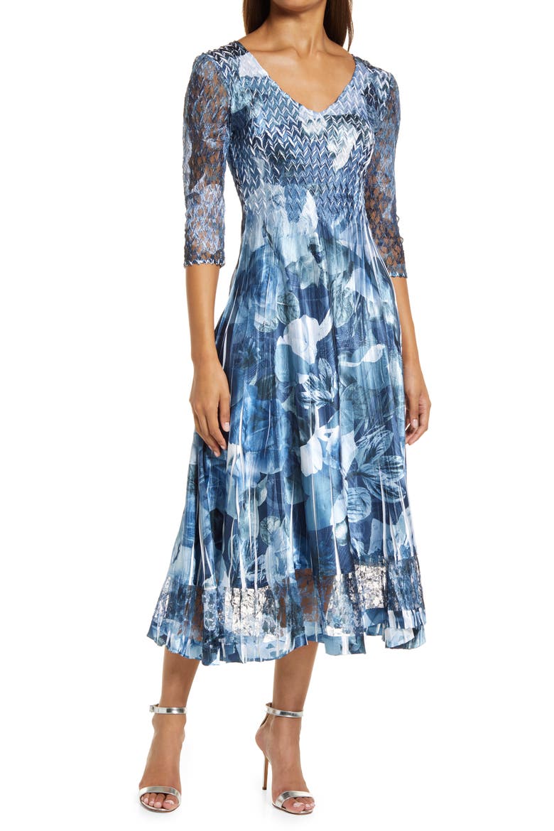 Lace Sleeve Charmeuse Midi Cocktail Dress, Main, color, ABSTRACT ROSE
