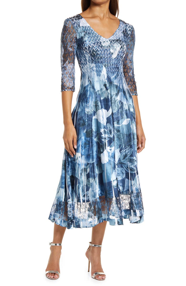 Komarov Lace Sleeve Charmeuse Midi Cocktail Dress, Main, color,