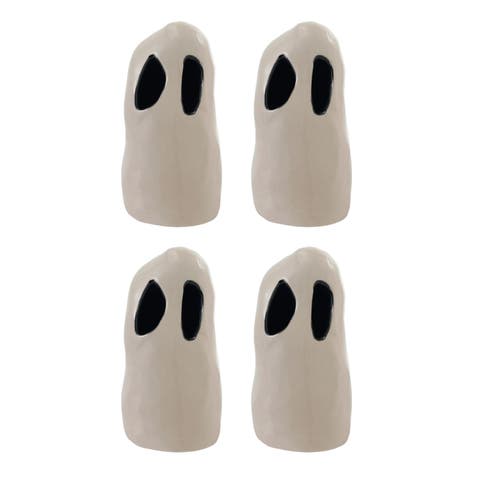 Stoneware Ghost Lantern with Cut-Outs, White & Black, Set of 4