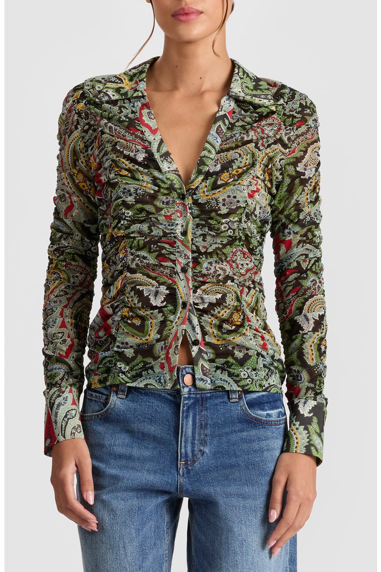 Portia Paisley Center Ruched Button-Up Shirt, Main, color, PAISLEY POEM