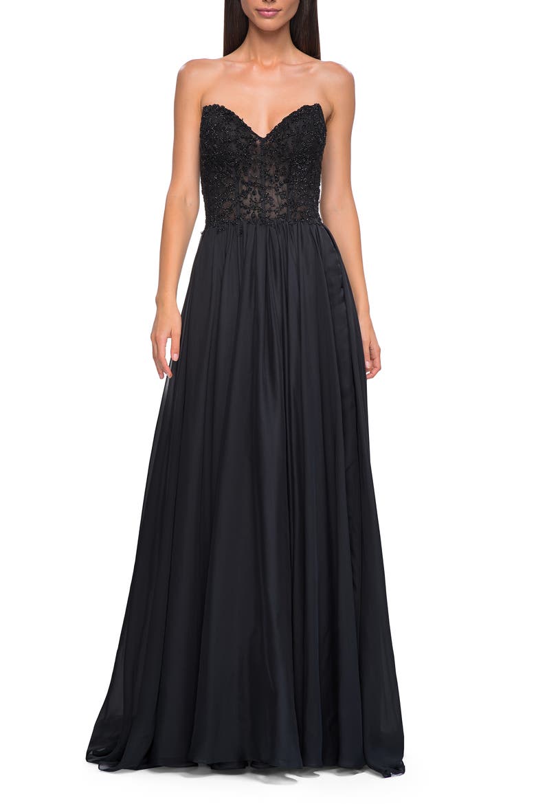Chiffon Gown with High Slit and Strapless Lace Top, Main, color, Black