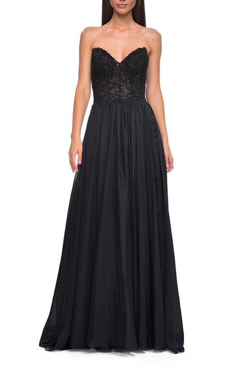 Chiffon Gown with High Slit and Strapless Lace Top