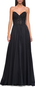 La Femme Chiffon Gown with High Slit and Strapless Lace Top