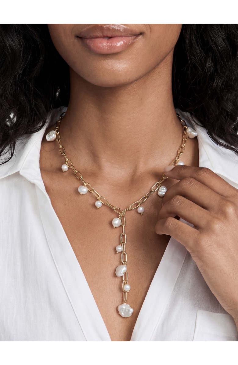Ettika Faux Pearl Charm Y-Necklace, Alternate, color, White/ Gold