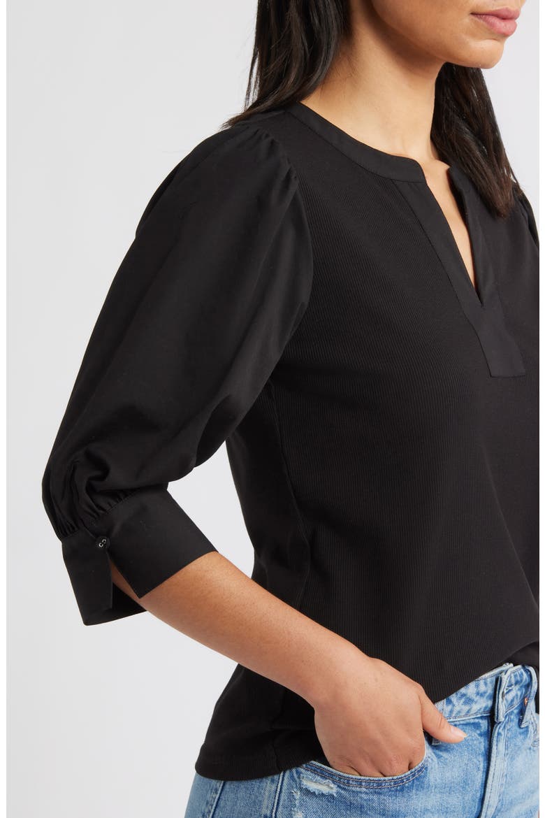 Mixed Media Puff Sleeve Top, Alternate, color, BLACK