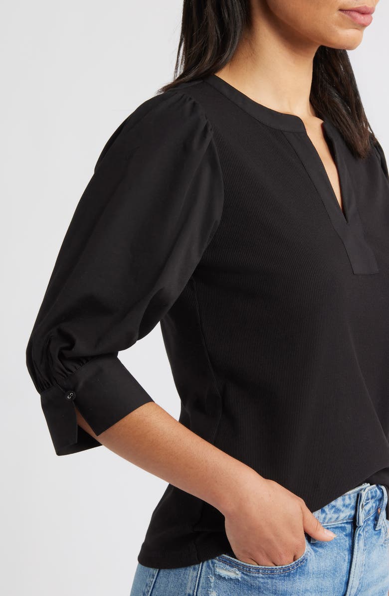 Wit & Wisdom Mixed Media Puff Sleeve Top, Alternate, color, Black