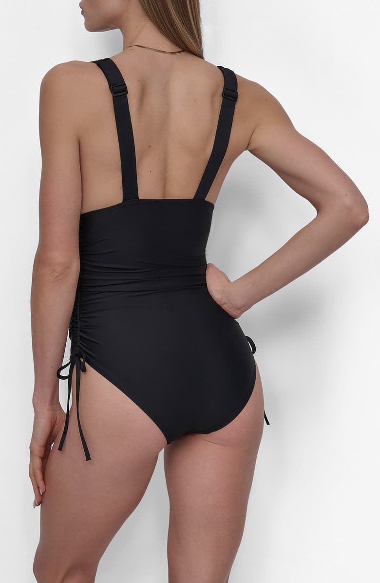 DKNY Plunge Neck Side Ruched One-Piece Swimsuit, Alternate, color, Black