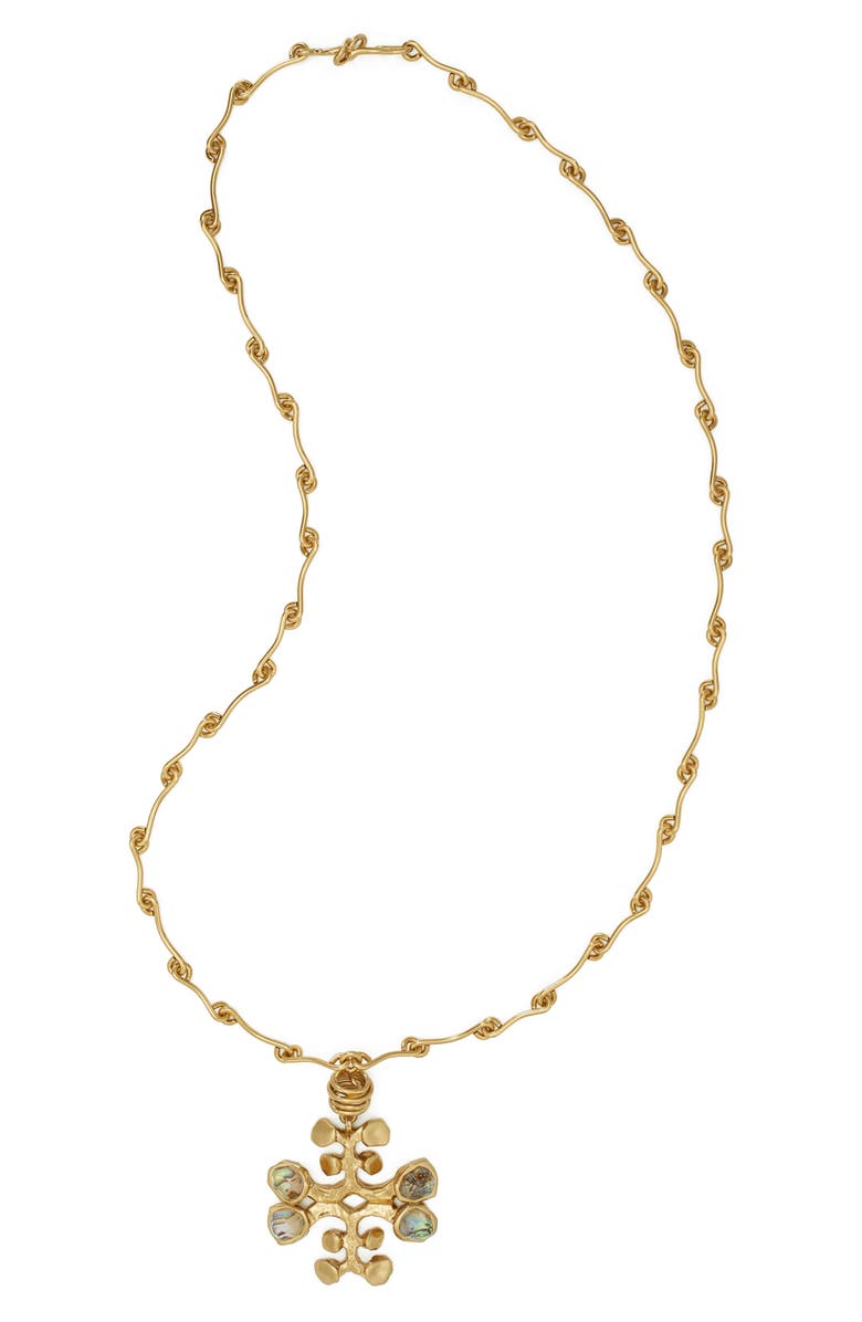 Tory Burch Logo Pendant Necklace, Main, color, Antique Light Brass / Abalone